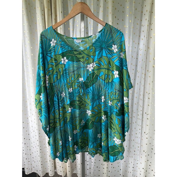 Hula Bay Hawaiian Monstera Plumeria Flowers Batwing Kaftan Swim Cover Up Top S/M - Picture 2 of 8